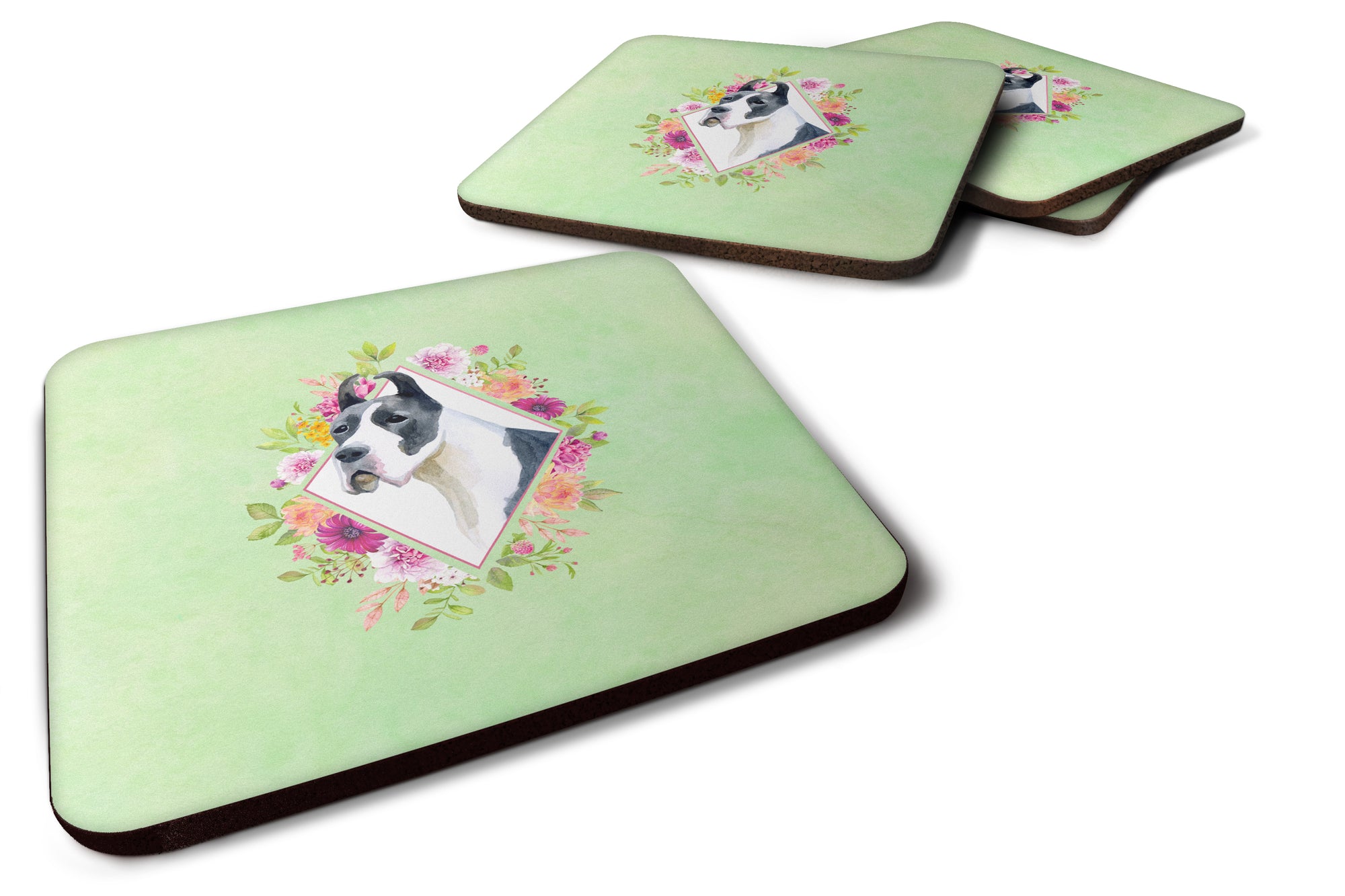 Set of 4 Great Dane Green Flowers Foam Coasters Set of 4 CK4310FC - the-store.com