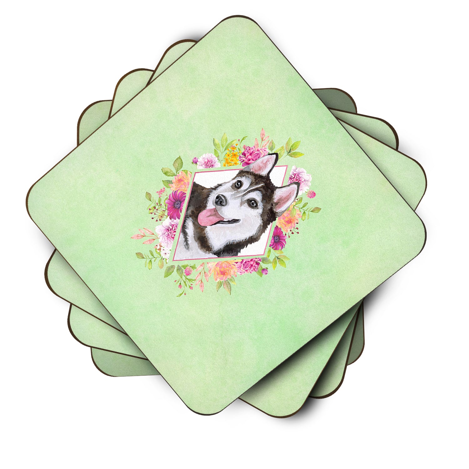 Set of 4 Siberian Husky #1 Green Flowers Foam Coasters Set of 4 CK4311FC - the-store.com