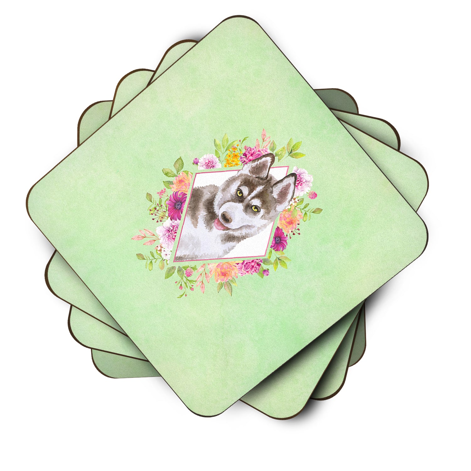 Set of 4 Siberian Husky #2 Green Flowers Foam Coasters Set of 4 CK4312FC - the-store.com