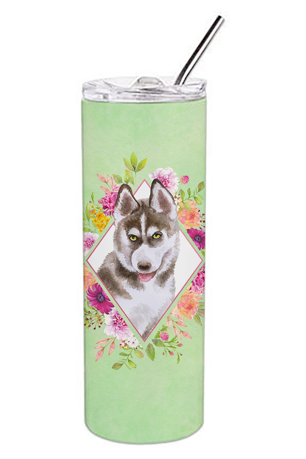 Siberian Husky #2 Green Flowers Double Walled Stainless Steel 20 oz Skinny Tumbler CK4312TBL20 by Caroline&#39;s Treasures