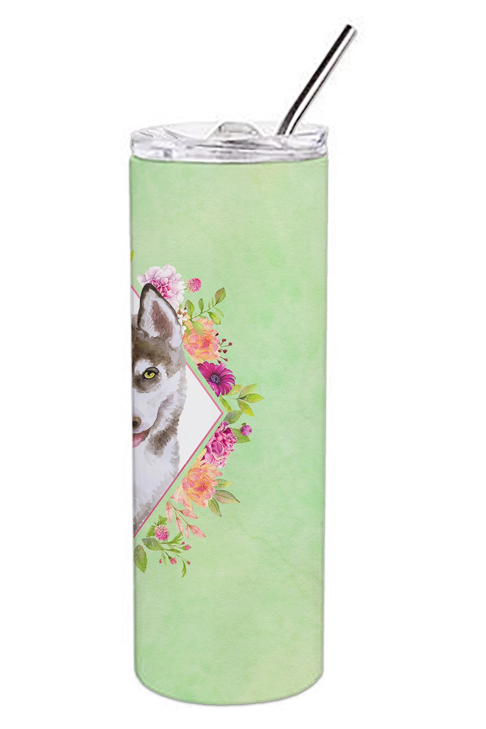 Siberian Husky #2 Green Flowers Double Walled Stainless Steel 20 oz Skinny Tumbler CK4312TBL20 by Caroline's Treasures