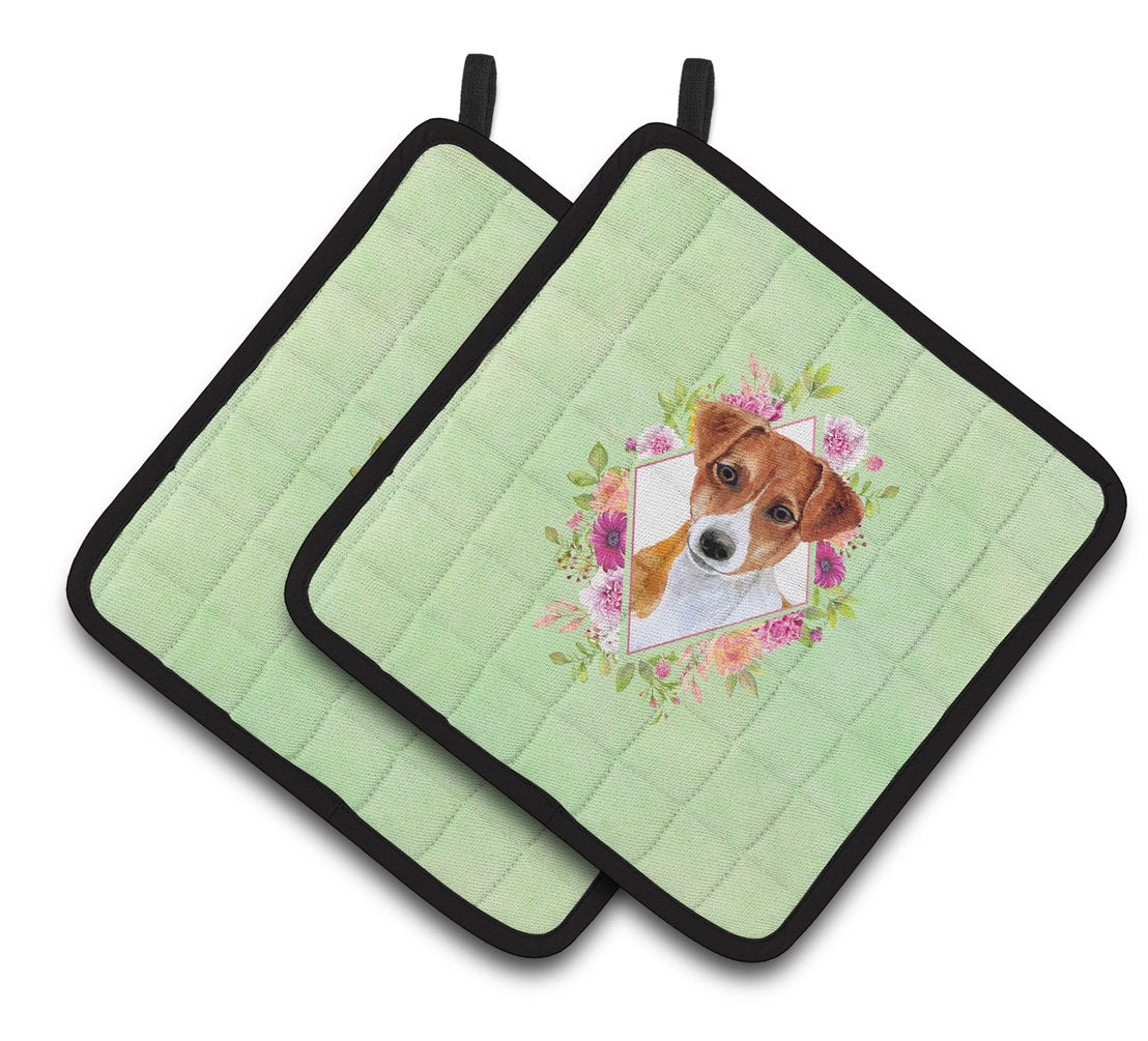 Jack Russell Terrier #2 Green Flowers Pair of Pot Holders CK4316PTHD by Caroline&#39;s Treasures