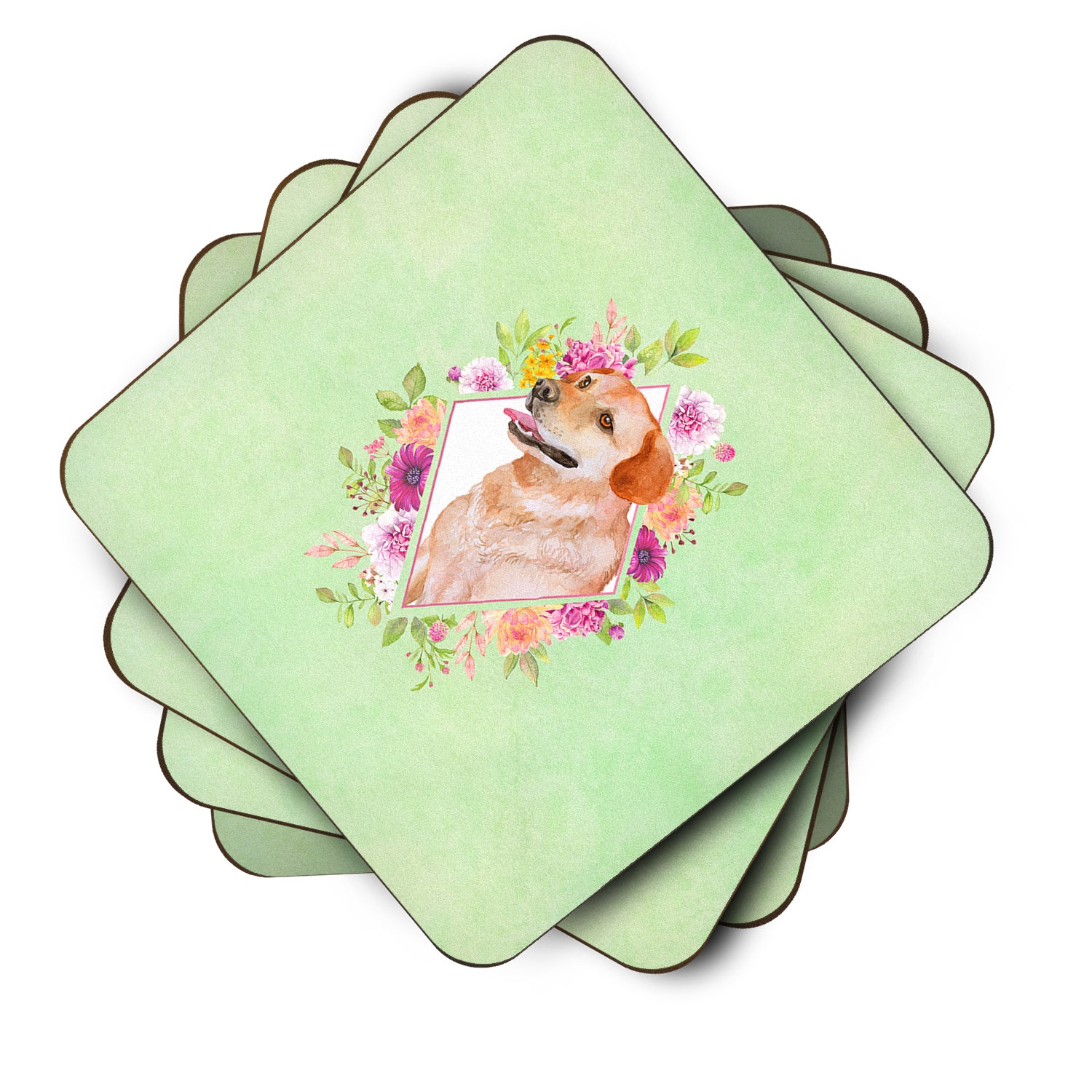 Set of 4 Yellow Labrador Retriever Green Flowers Foam Coasters Set of 4 CK4318FC - the-store.com