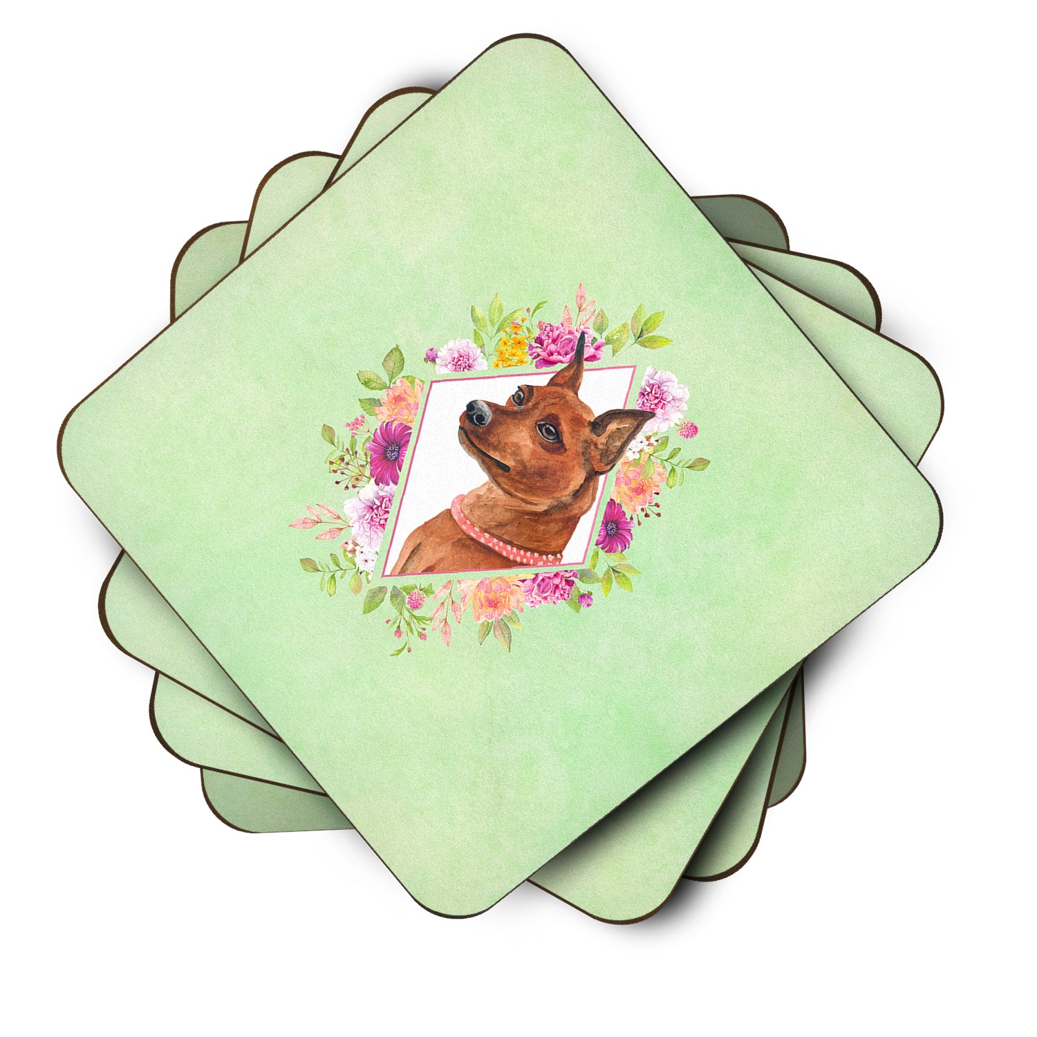 Set of 4 Miniature Pinscher Green Flowers Foam Coasters Set of 4 CK4321FC - the-store.com