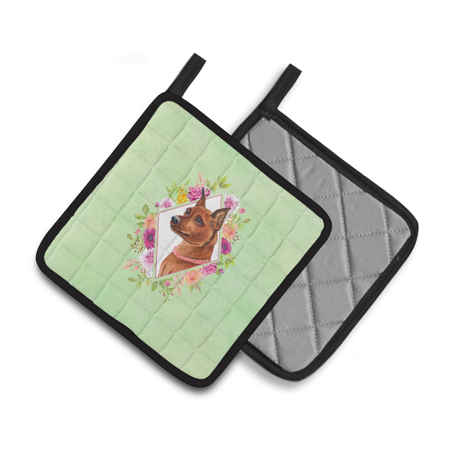 Miniature Pinscher Green Flowers Pair of Pot Holders CK4321PTHD by Caroline's Treasures