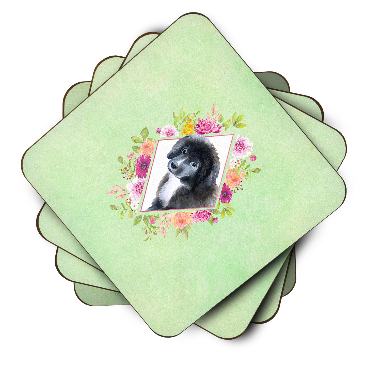 Set of 4 Newfoundland Puppy Green Flowers Foam Coasters Set of 4 CK4324FC - the-store.com