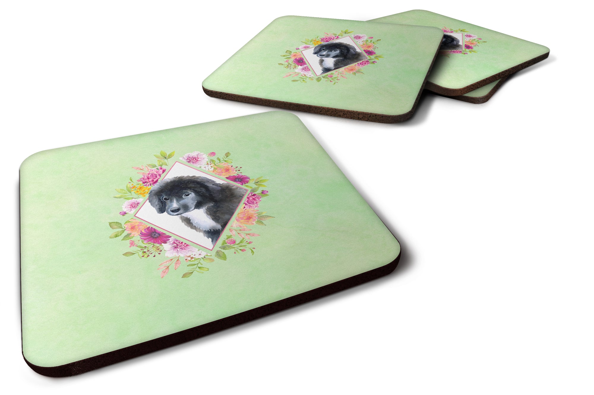 Set of 4 Newfoundland Puppy Green Flowers Foam Coasters Set of 4 CK4324FC - the-store.com