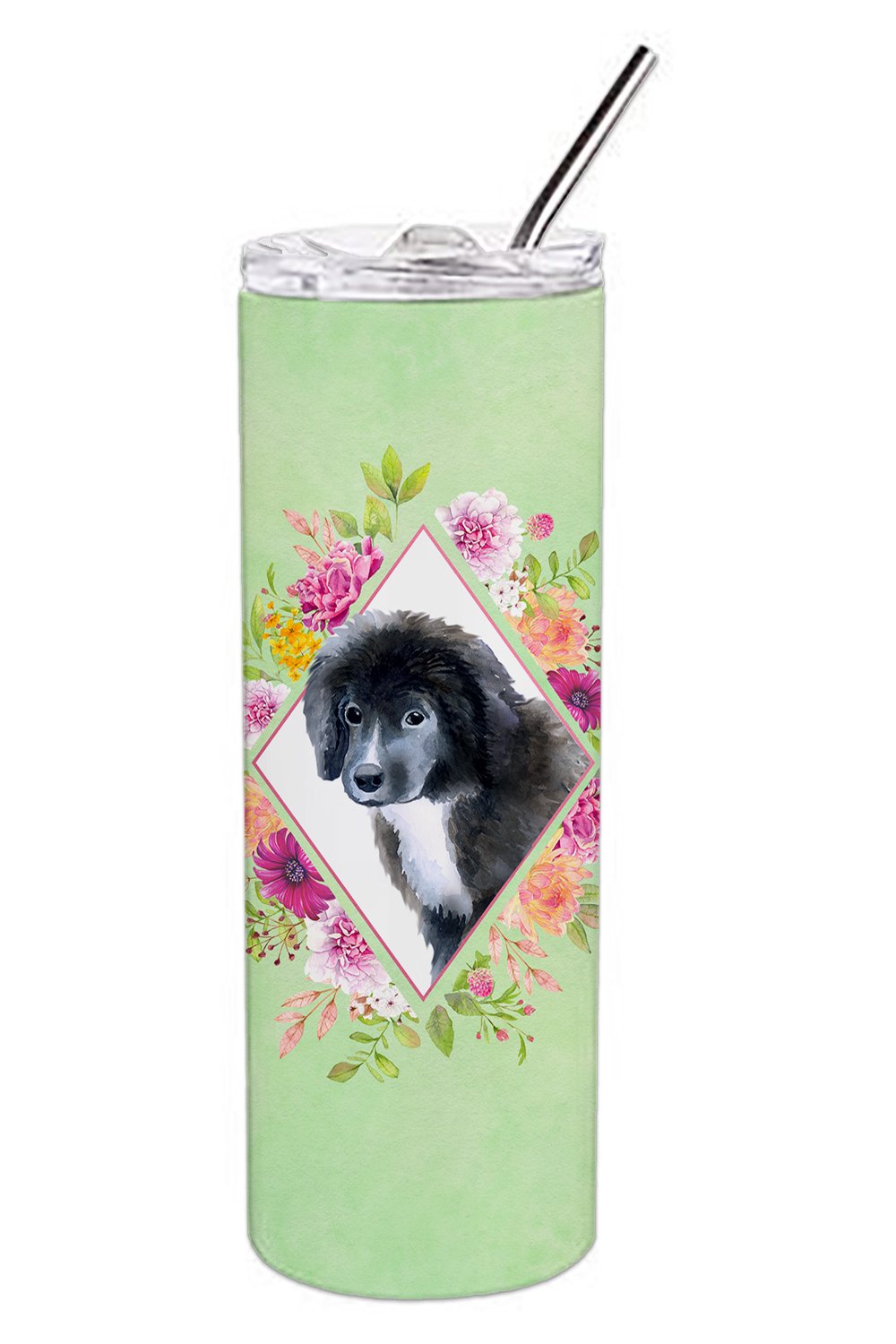 Newfoundland Puppy Green Flowers Double Walled Stainless Steel 20 oz Skinny Tumbler CK4324TBL20 by Caroline's Treasures