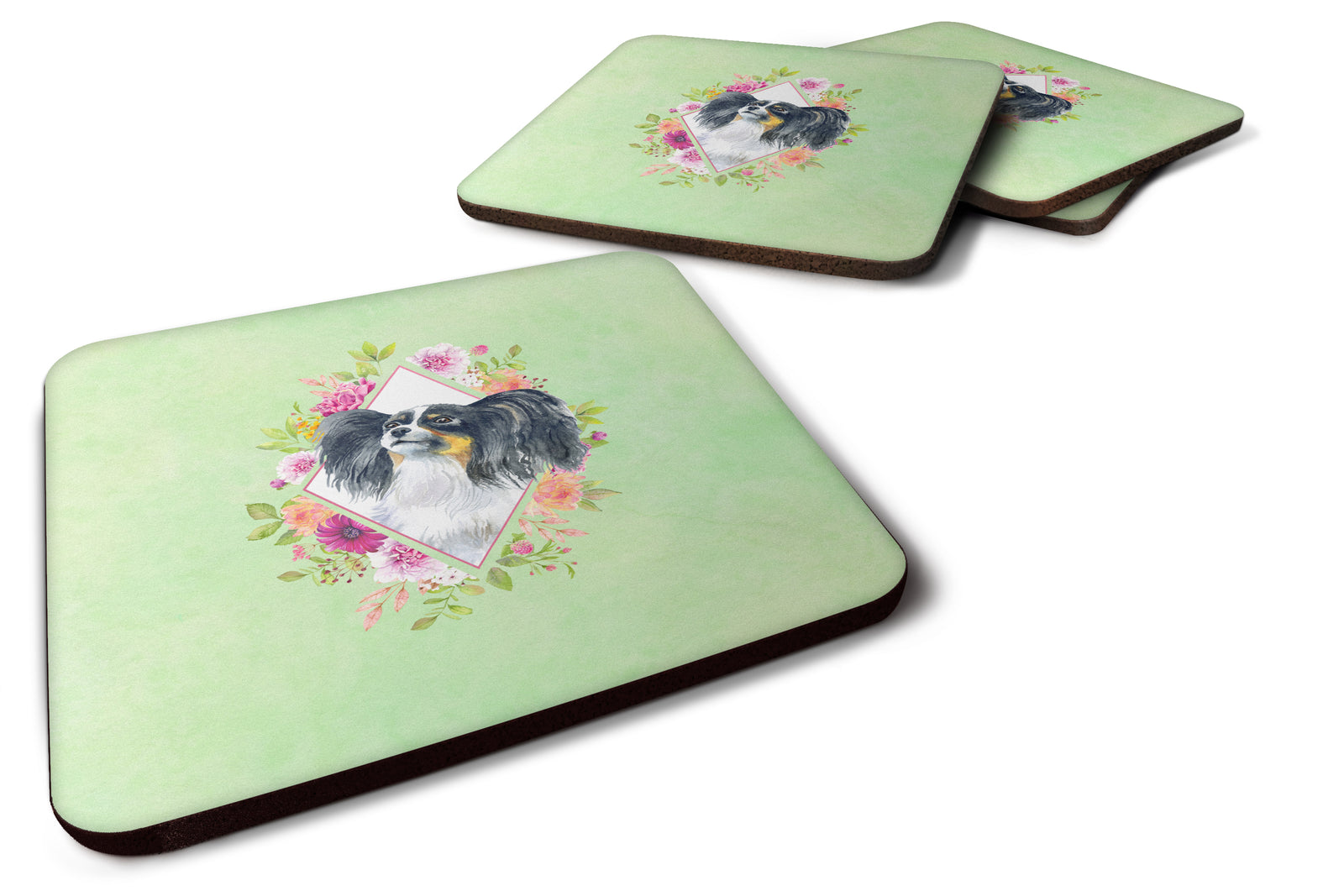 Set of 4 Papillon Green Flowers Foam Coasters Set of 4 CK4325FC - the-store.com