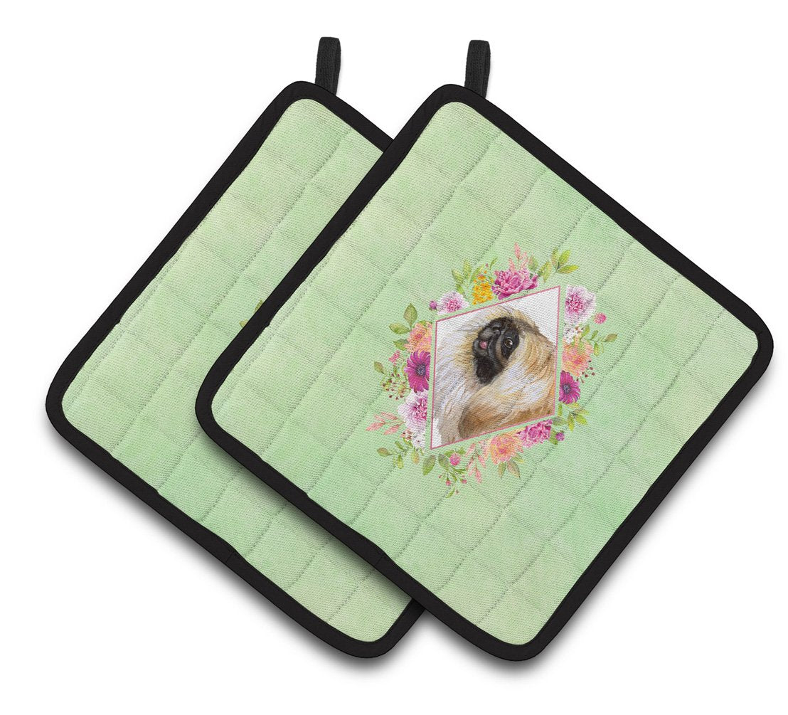 Pekingese Green Flowers Pair of Pot Holders CK4326PTHD by Caroline's Treasures