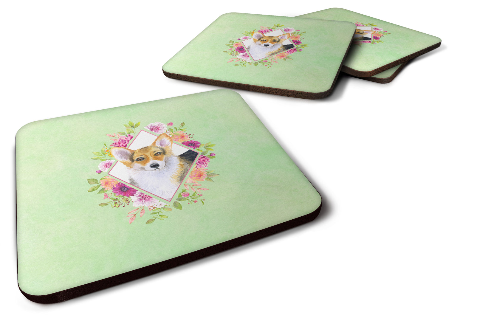 Set of 4 Corgi Green Flowers Foam Coasters Set of 4 CK4327FC - the-store.com