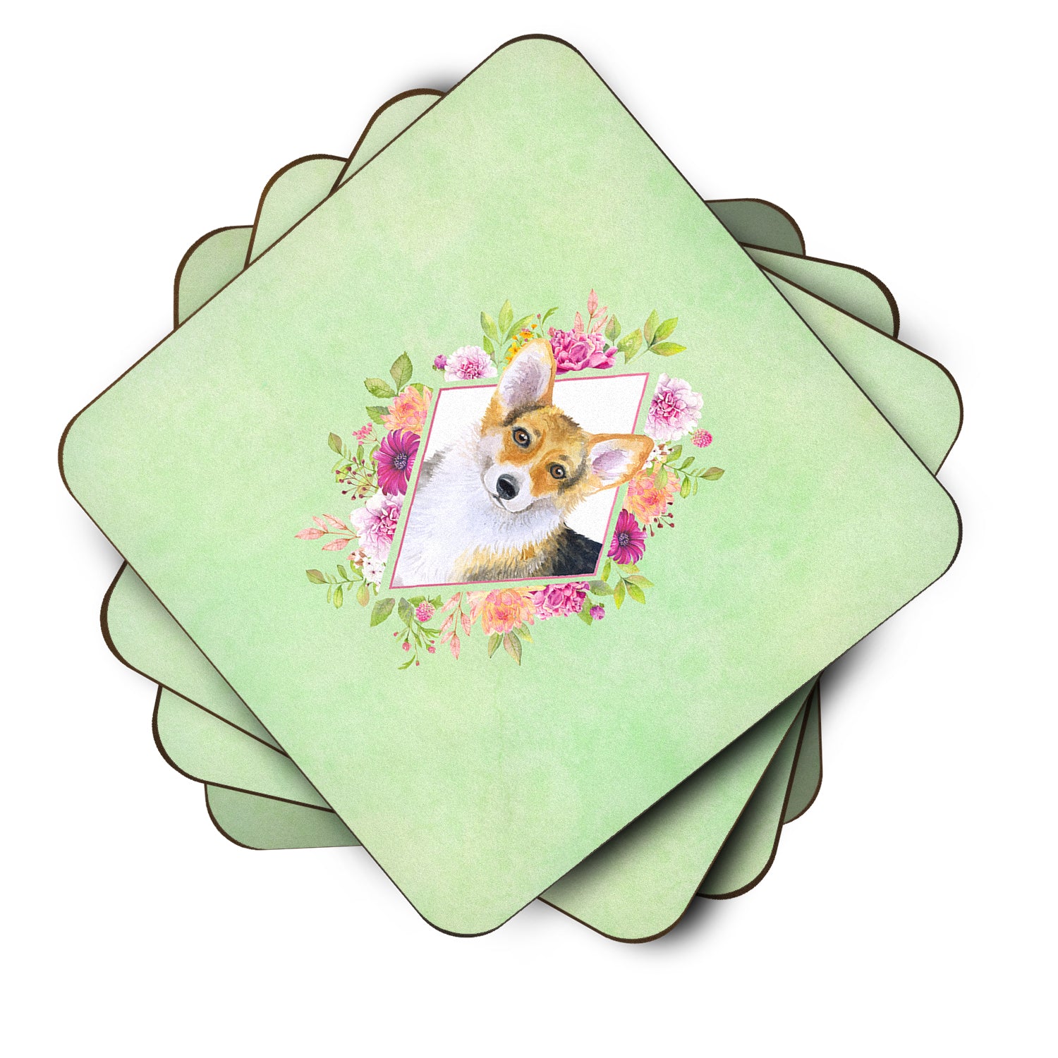 Set of 4 Corgi Green Flowers Foam Coasters Set of 4 CK4327FC - the-store.com