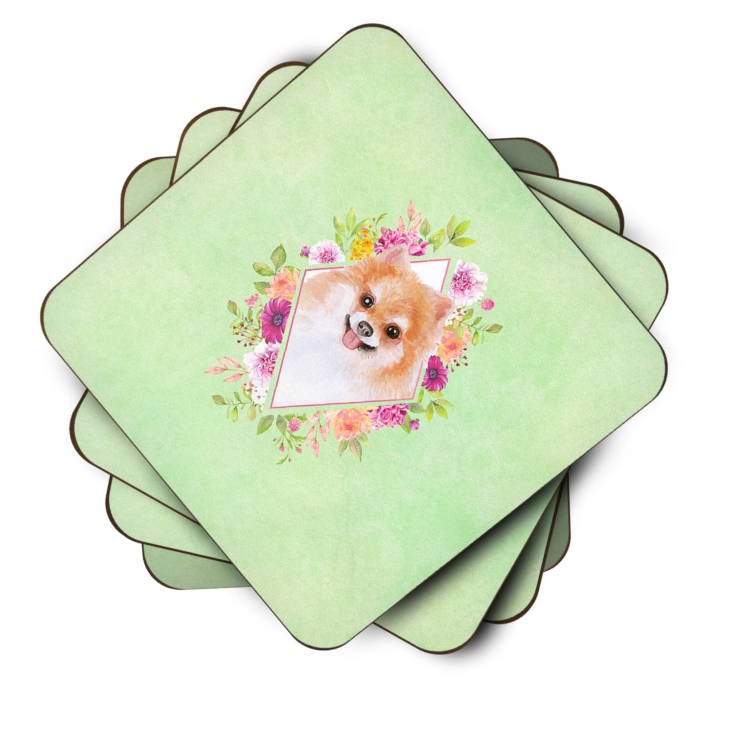 Set of 4 Pomeranian #1 Green Flowers Foam Coasters Set of 4 CK4329FC - the-store.com