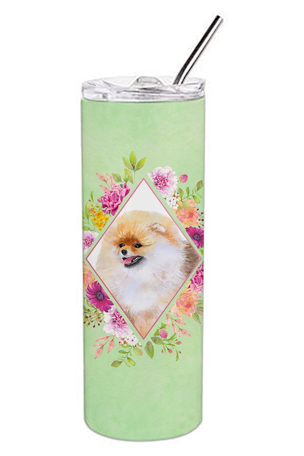 Pomeranian #2 Green Flowers Double Walled Stainless Steel 20 oz Skinny Tumbler CK4330TBL20 by Caroline's Treasures