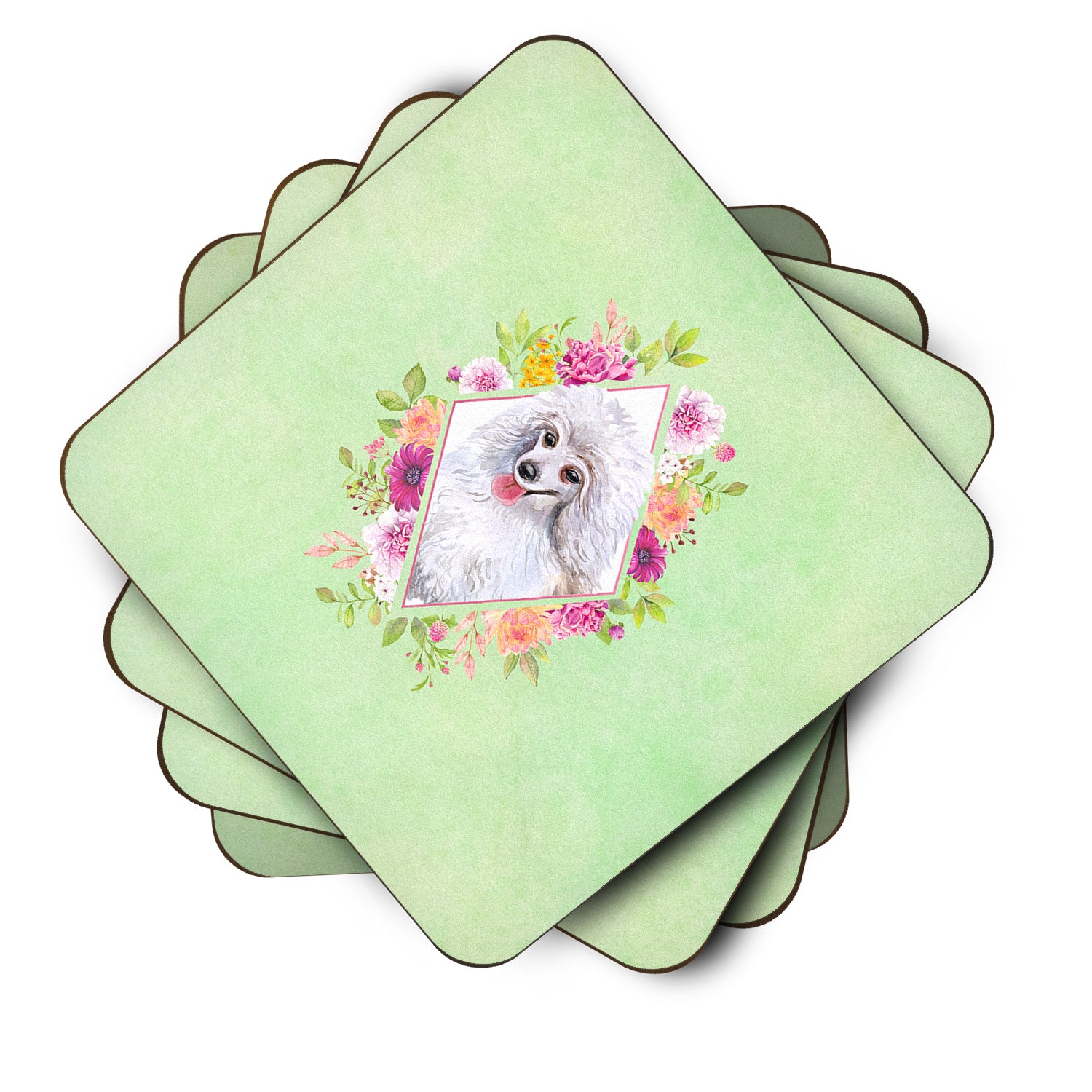 Set of 4 White Mini Poodle Green Flowers Foam Coasters Set of 4 CK4332FC - the-store.com