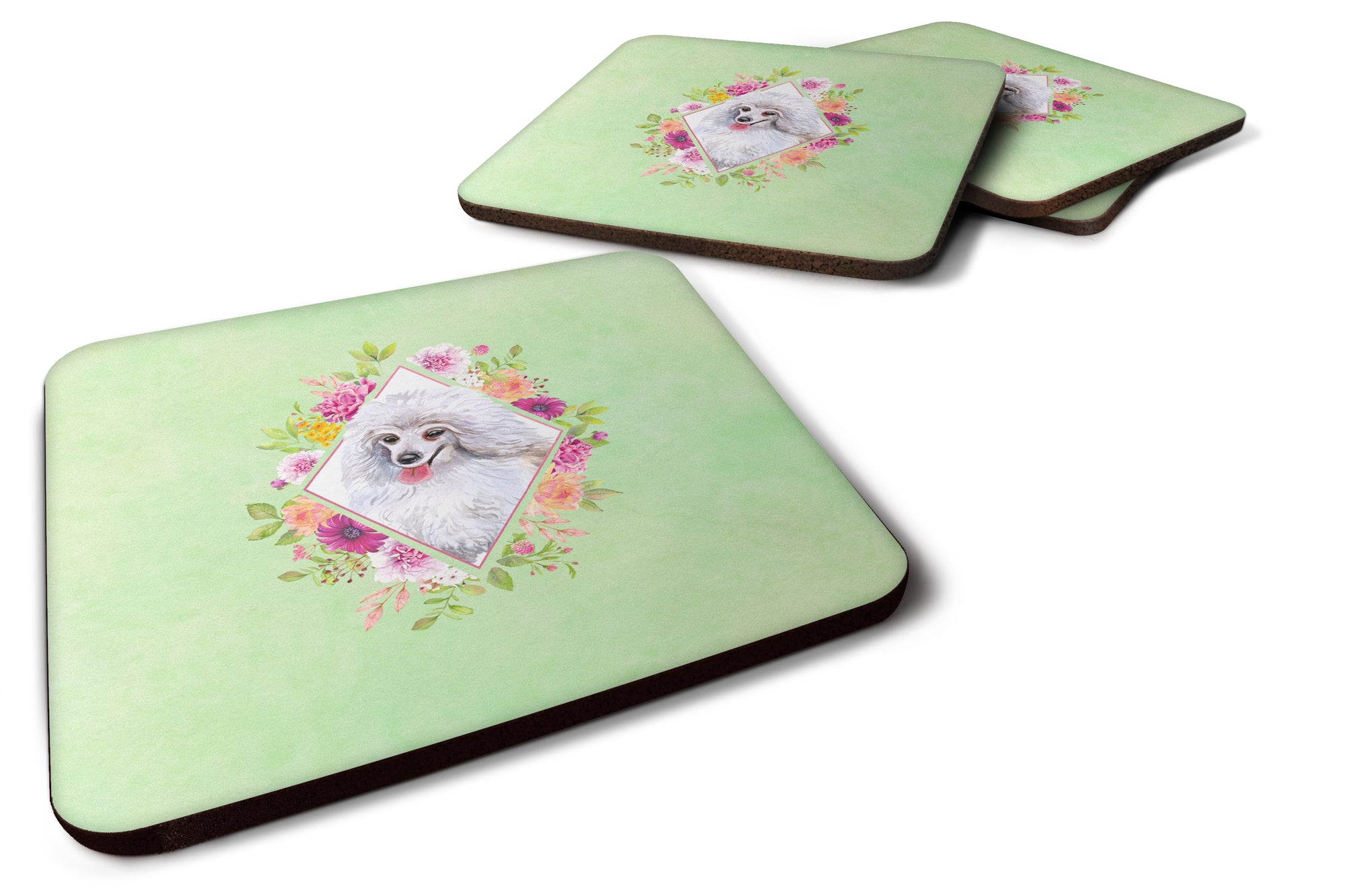 Set of 4 White Mini Poodle Green Flowers Foam Coasters Set of 4 CK4332FC - the-store.com