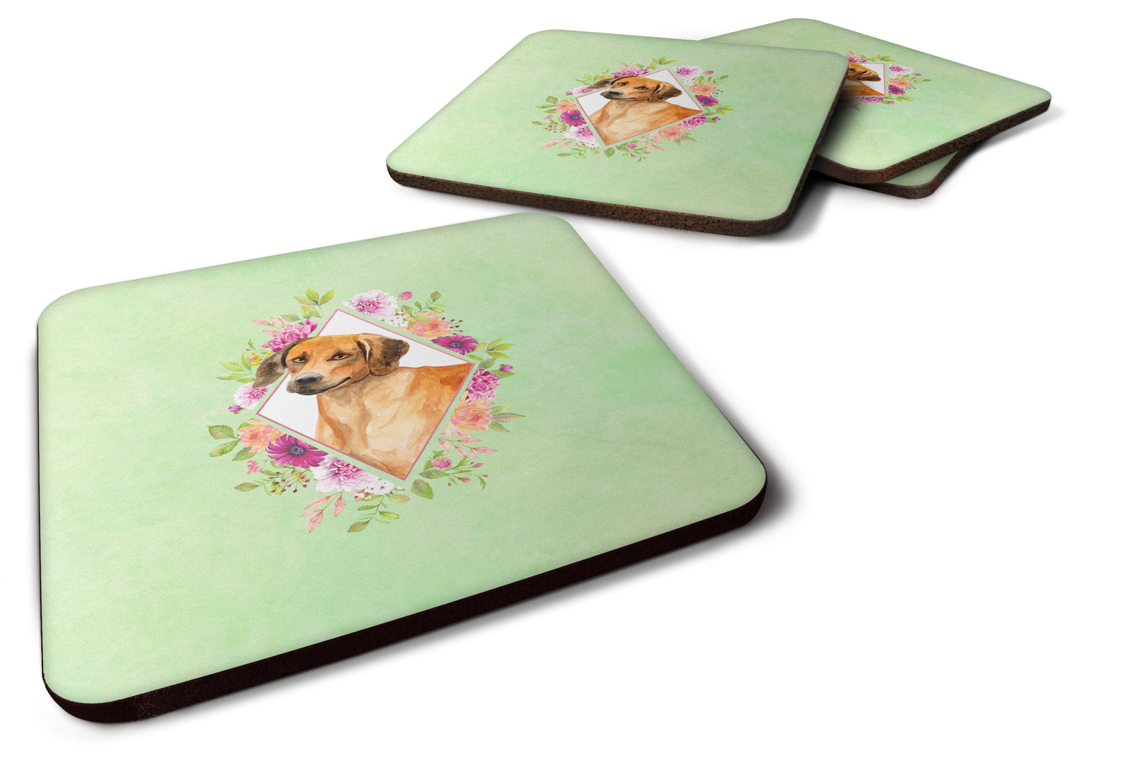 Set of 4 Rhodesian Ridgeback Green Flowers Foam Coasters Set of 4 CK4335FC - the-store.com