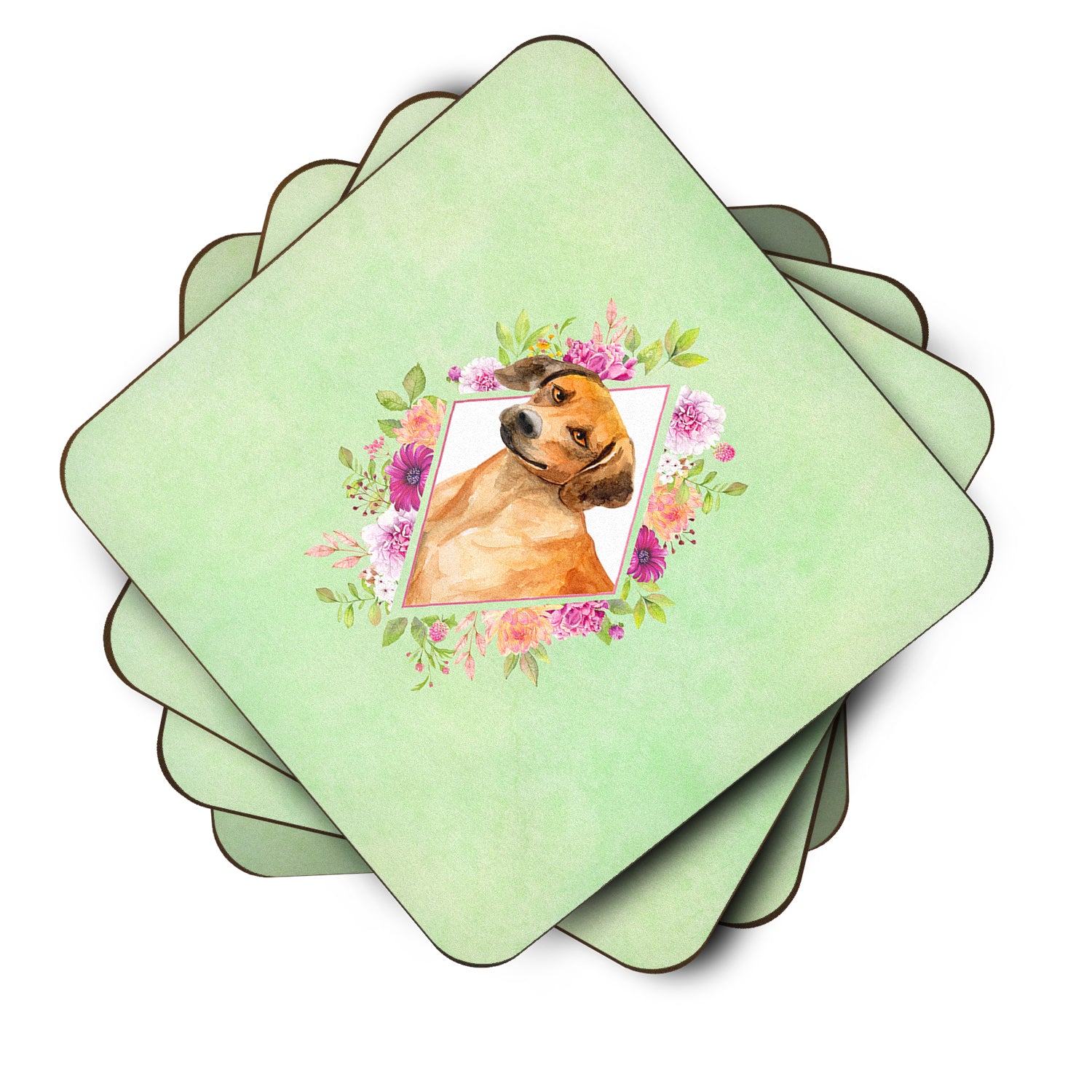 Set of 4 Rhodesian Ridgeback Green Flowers Foam Coasters Set of 4 CK4335FC - the-store.com