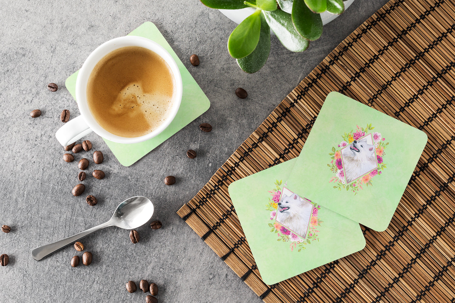 Set of 4 Samoyed Green Flowers Foam Coasters Set of 4 CK4337FC - the-store.com