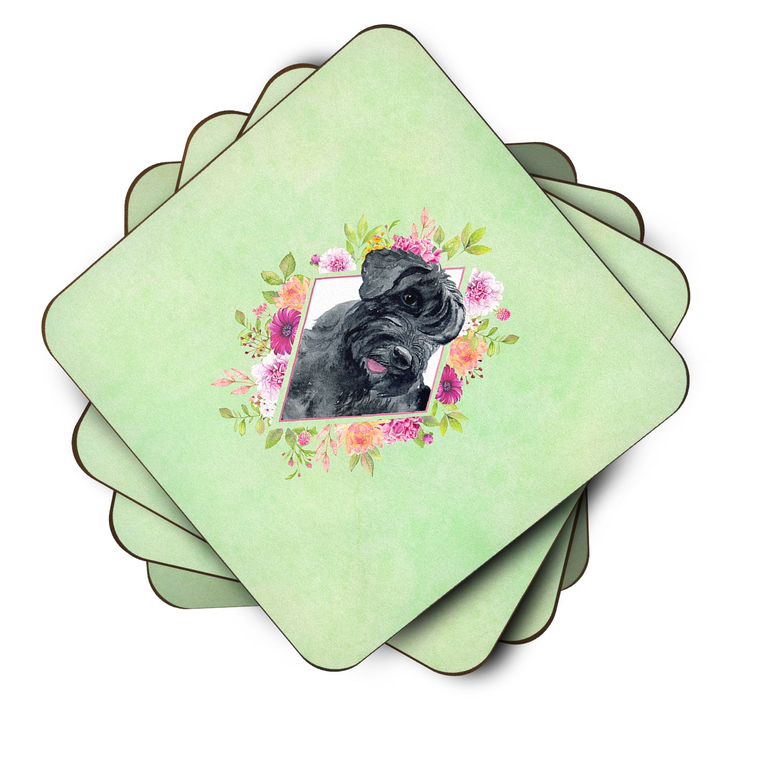 Set of 4 Giant Schnauzer Green Flowers Foam Coasters Set of 4 CK4338FC - the-store.com