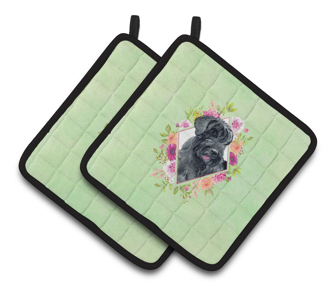 Giant Schnauzer Green Flowers Pair of Pot Holders CK4338PTHD by Caroline&#39;s Treasures