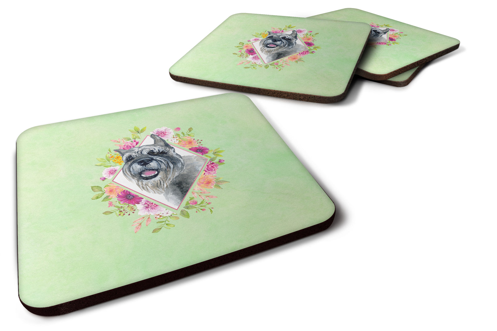 Set of 4 Schnauzer Green Flowers Foam Coasters Set of 4 CK4339FC - the-store.com