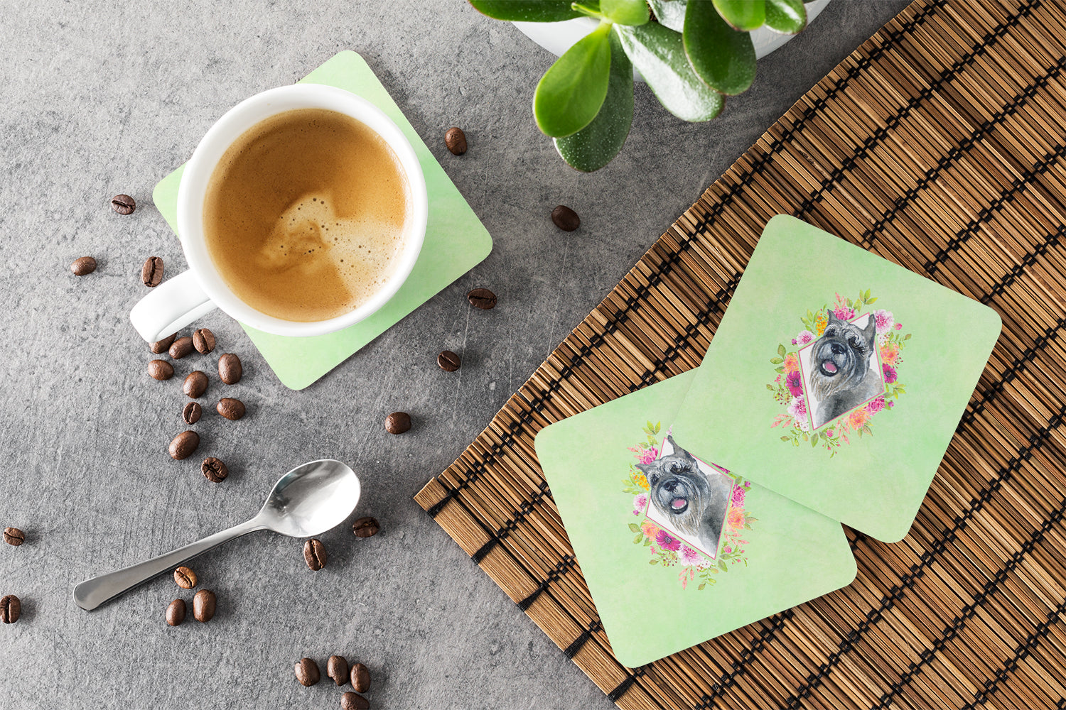 Set of 4 Schnauzer Green Flowers Foam Coasters Set of 4 CK4339FC - the-store.com