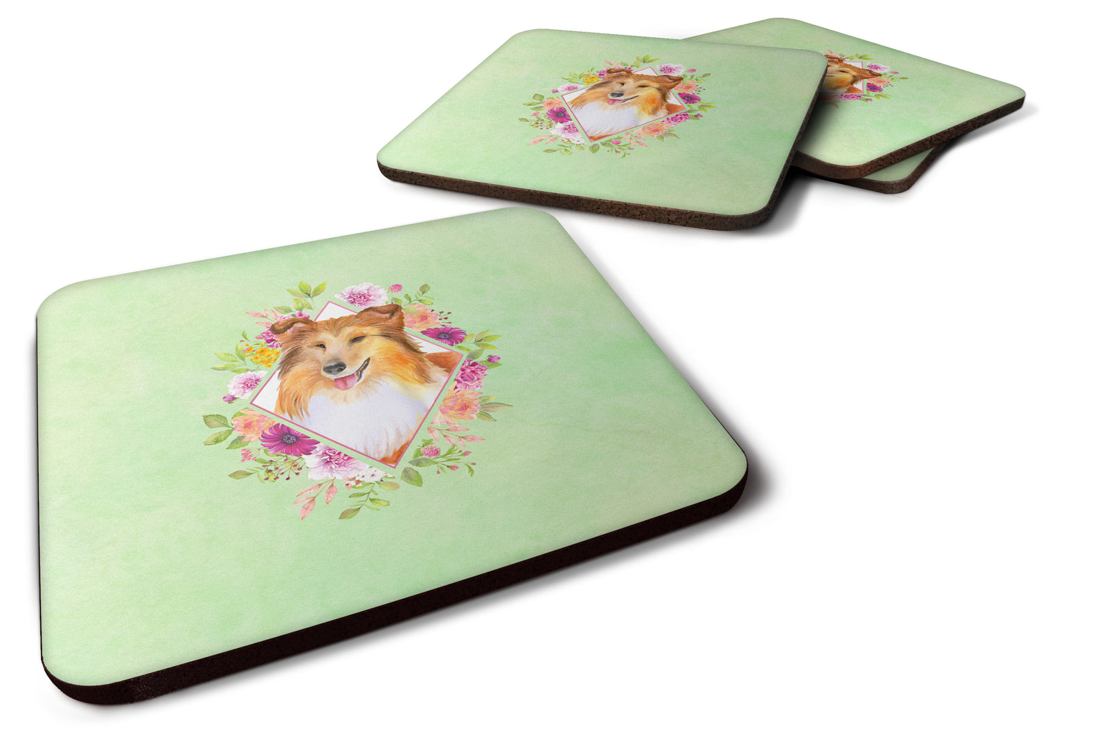 Set of 4 Sheltie Shetland Sheepdog Green Flowers Foam Coasters Set of 4 CK4342FC - the-store.com