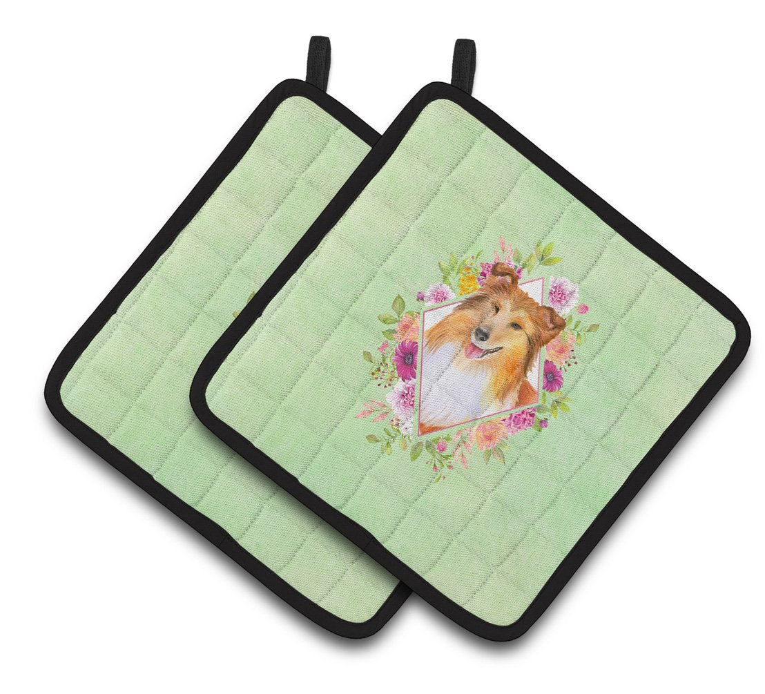 Sheltie Shetland Sheepdog Green Flowers Pair of Pot Holders CK4342PTHD by Caroline&#39;s Treasures