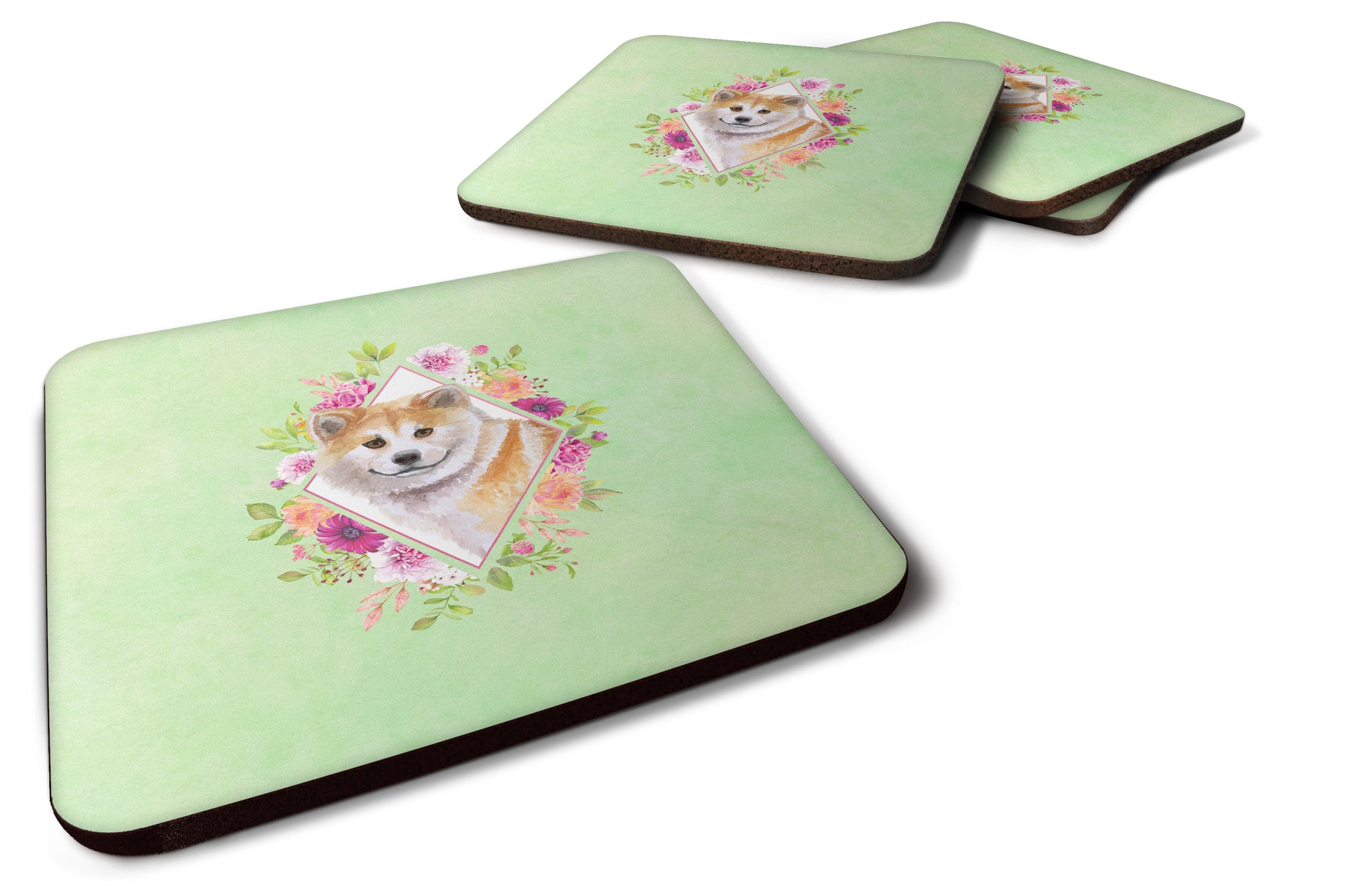 Set of 4 Shiba Inu Green Flowers Foam Coasters Set of 4 CK4343FC - the-store.com