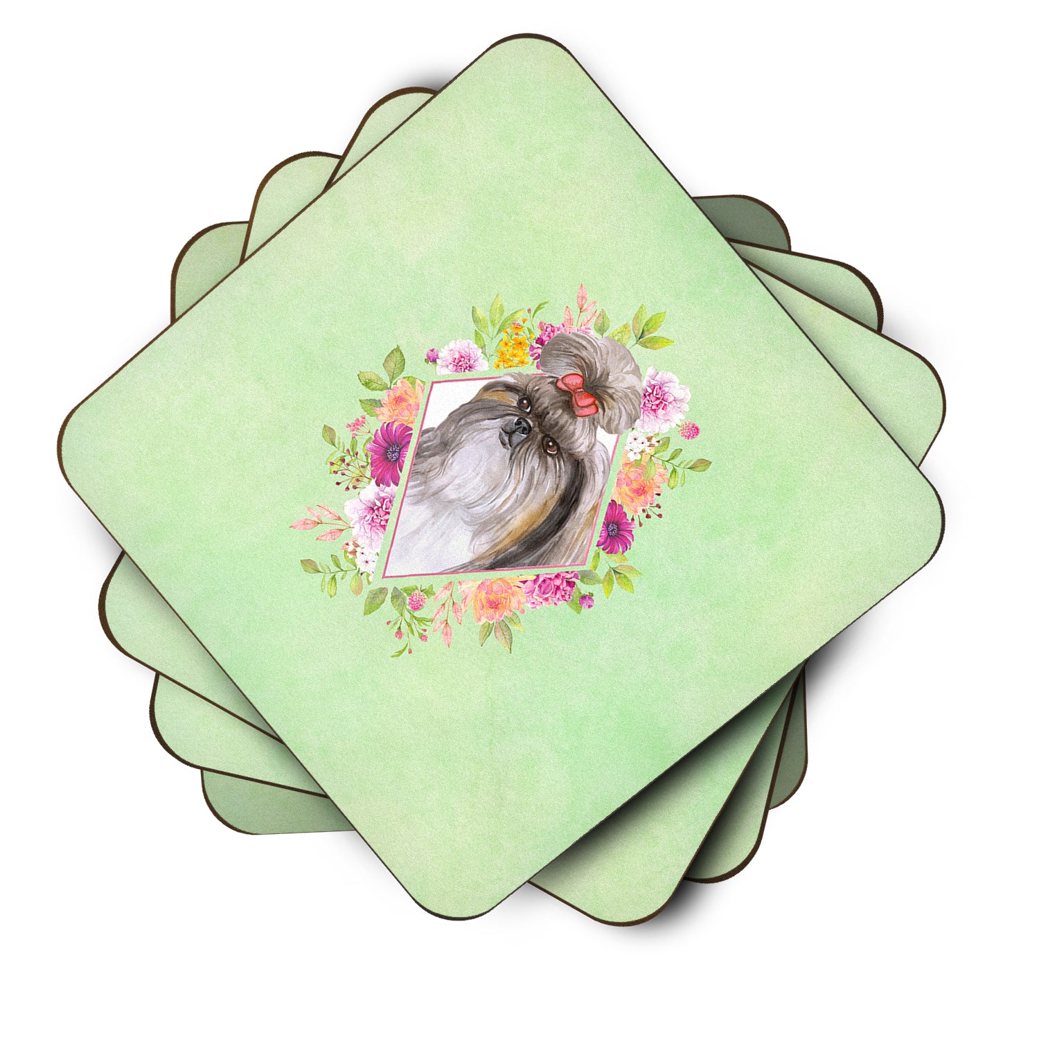 Set of 4 Shih Tzu Green Flowers Foam Coasters Set of 4 CK4344FC - the-store.com