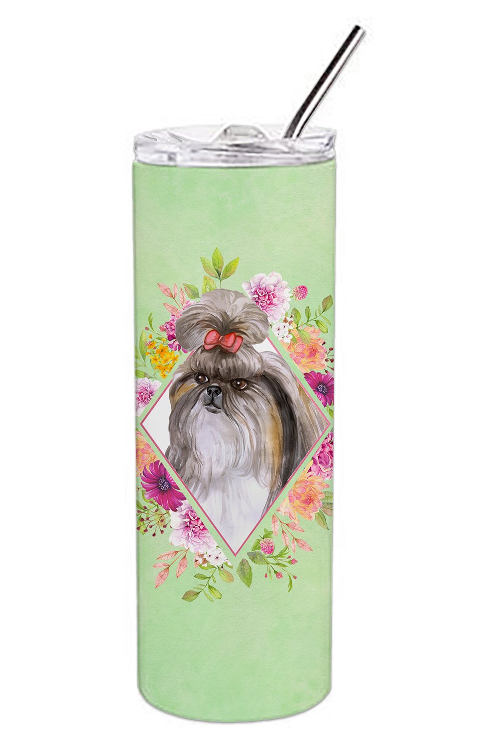 Shih Tzu Green Flowers Double Walled Stainless Steel 20 oz Skinny Tumbler CK4344TBL20 by Caroline&#39;s Treasures