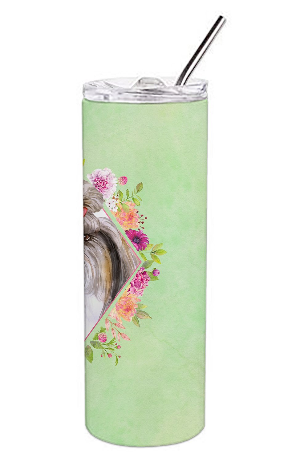 Shih Tzu Green Flowers Double Walled Stainless Steel 20 oz Skinny Tumbler CK4344TBL20 by Caroline's Treasures