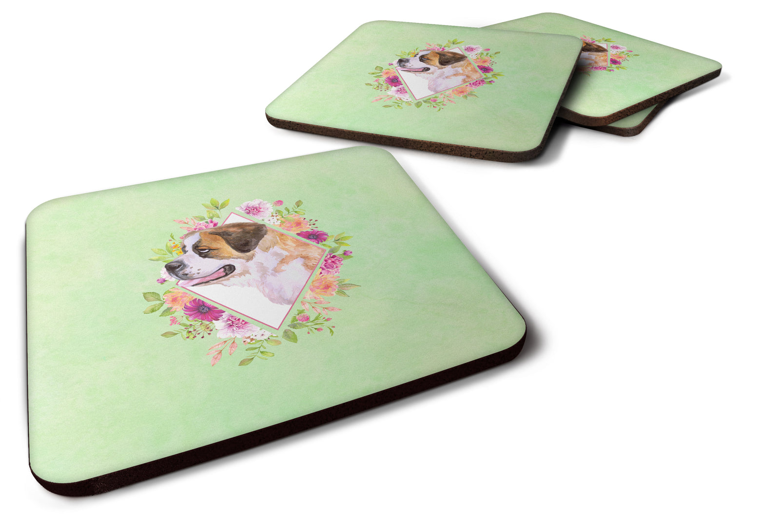 Set of 4 Saint Bernard #1 Green Flowers Foam Coasters Set of 4 CK4346FC - the-store.com