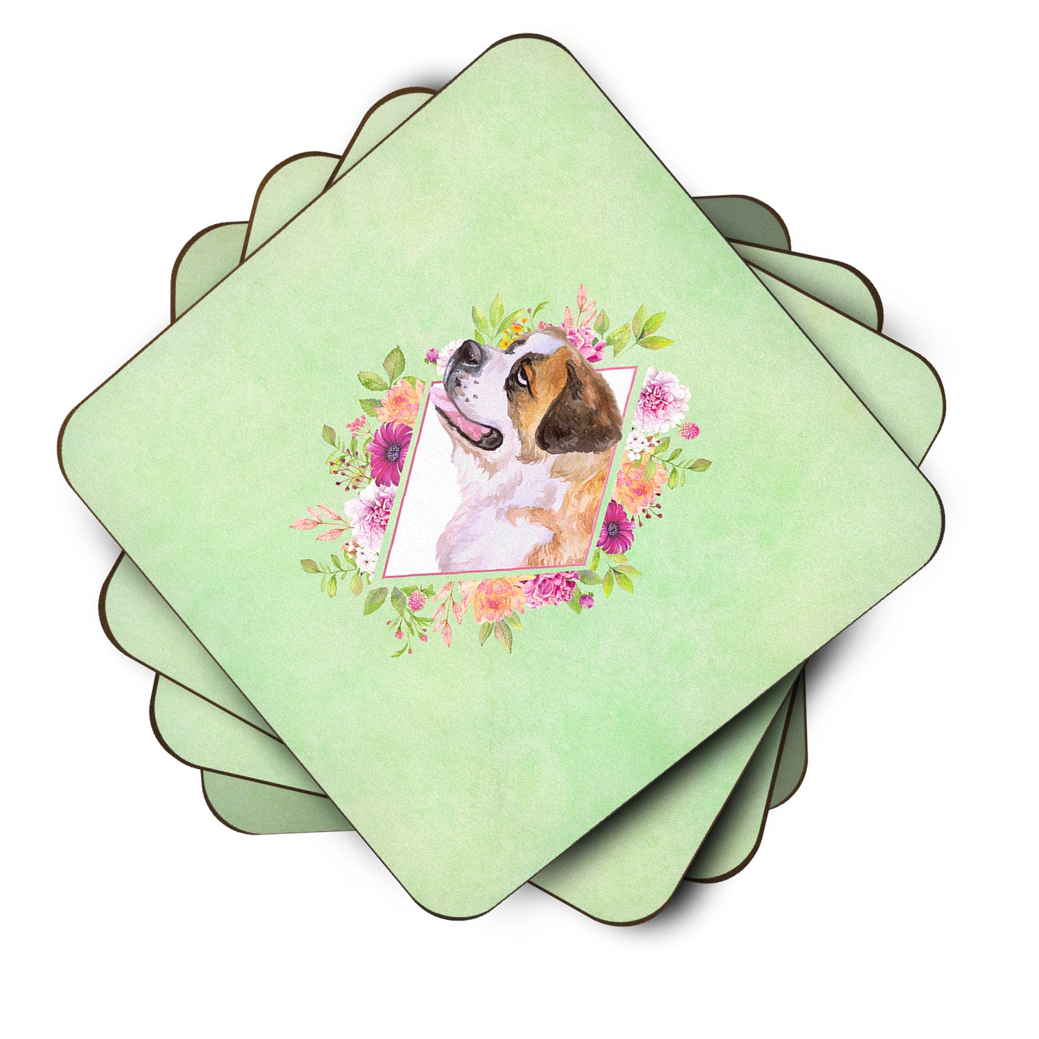 Set of 4 Saint Bernard #1 Green Flowers Foam Coasters Set of 4 CK4346FC - the-store.com