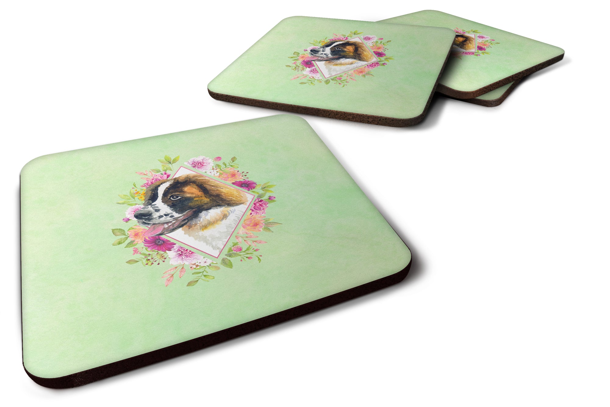 Set of 4 Saint Bernard #2 Green Flowers Foam Coasters Set of 4 CK4347FC - the-store.com