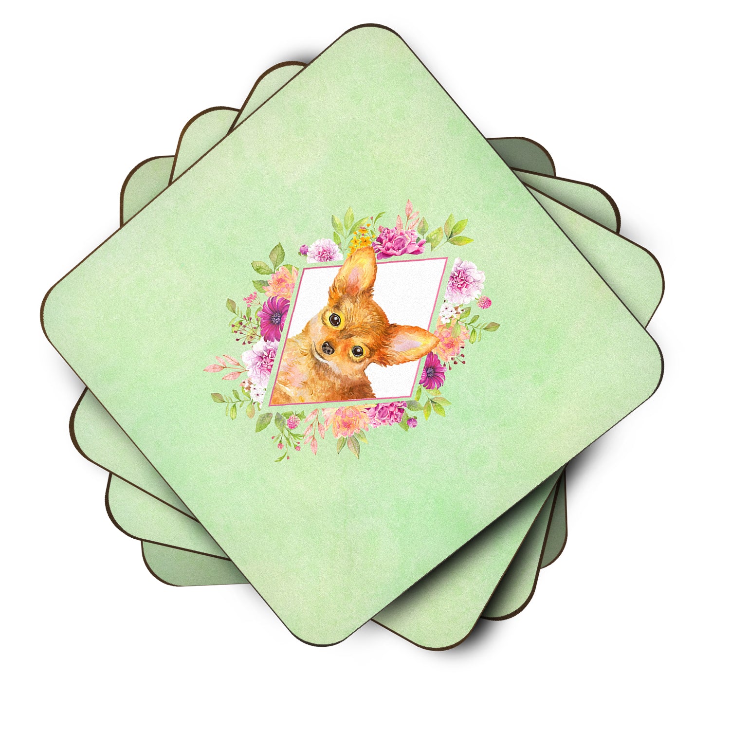 Set of 4 Toy Terrier Green Flowers Foam Coasters Set of 4 CK4350FC - the-store.com