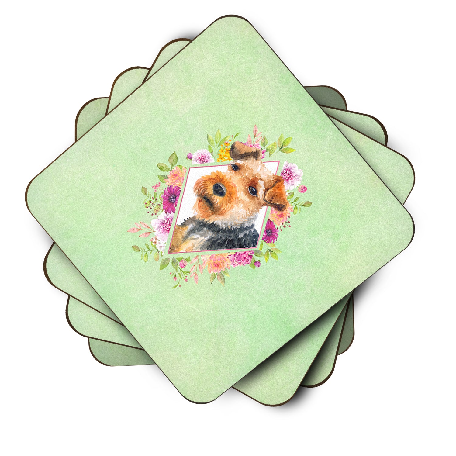 Set of 4 Welsh Terrier Green Flowers Foam Coasters Set of 4 CK4352FC - the-store.com