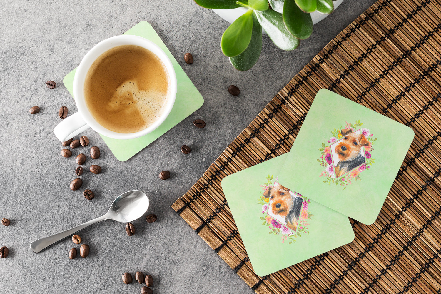 Set of 4 Welsh Terrier Green Flowers Foam Coasters Set of 4 CK4352FC - the-store.com