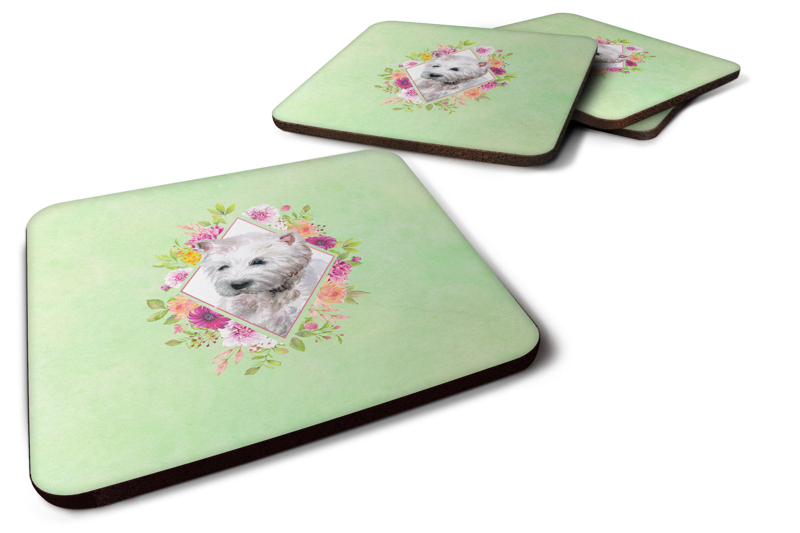 Set of 4 West Highland White Terrier Green Flowers Foam Coasters Set of 4 CK4353FC - the-store.com