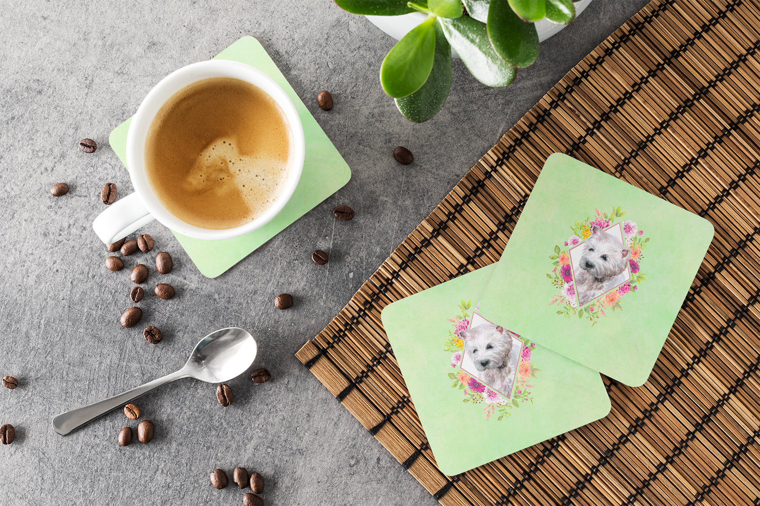 Set of 4 West Highland White Terrier Green Flowers Foam Coasters Set of 4 CK4353FC - the-store.com