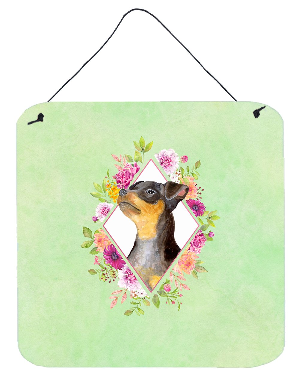 Black Miniature Pinscher Green Flowers Wall or Door Hanging Prints CK4356DS66 by Caroline&#39;s Treasures