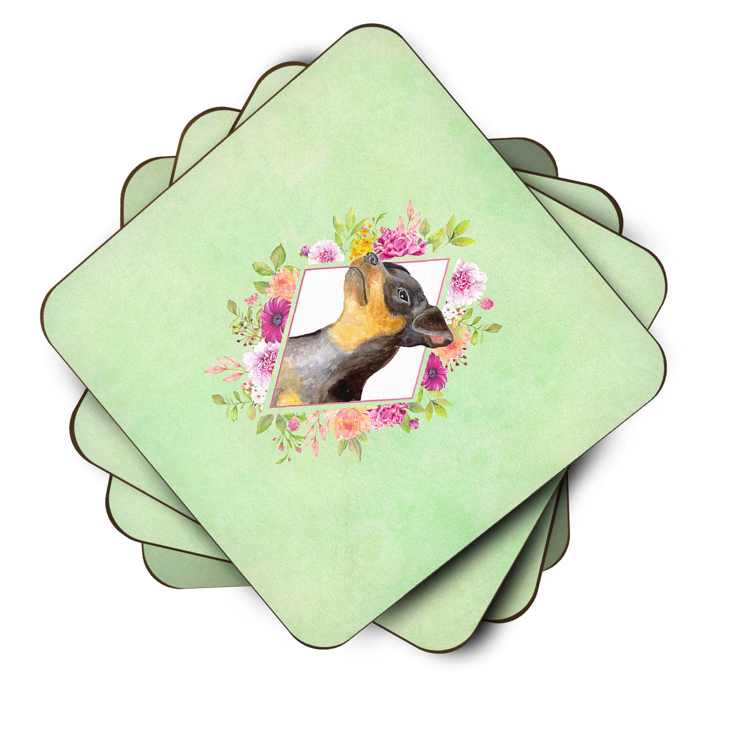 Set of 4 Black Miniature Pinscher Green Flowers Foam Coasters Set of 4 CK4356FC - the-store.com