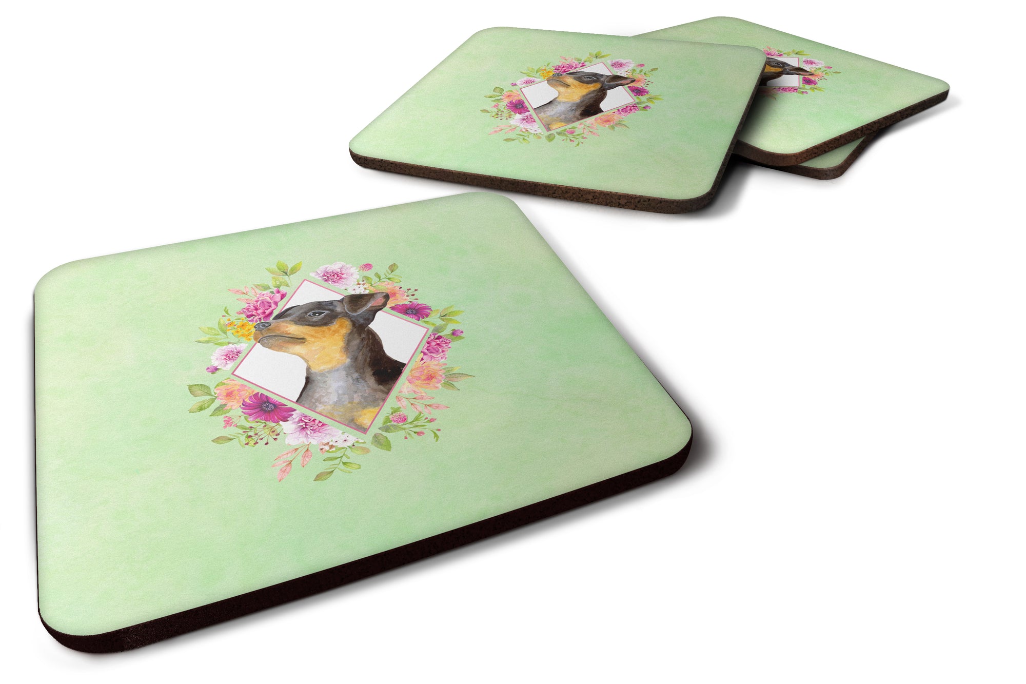 Set of 4 Black Miniature Pinscher Green Flowers Foam Coasters Set of 4 CK4356FC - the-store.com