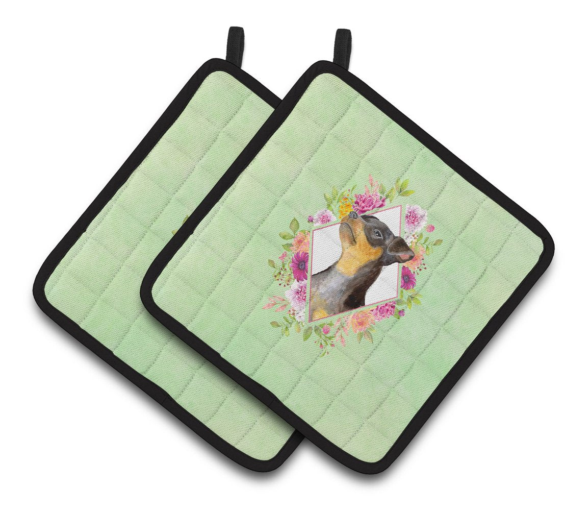 Black Miniature Pinscher Green Flowers Pair of Pot Holders CK4356PTHD by Caroline's Treasures