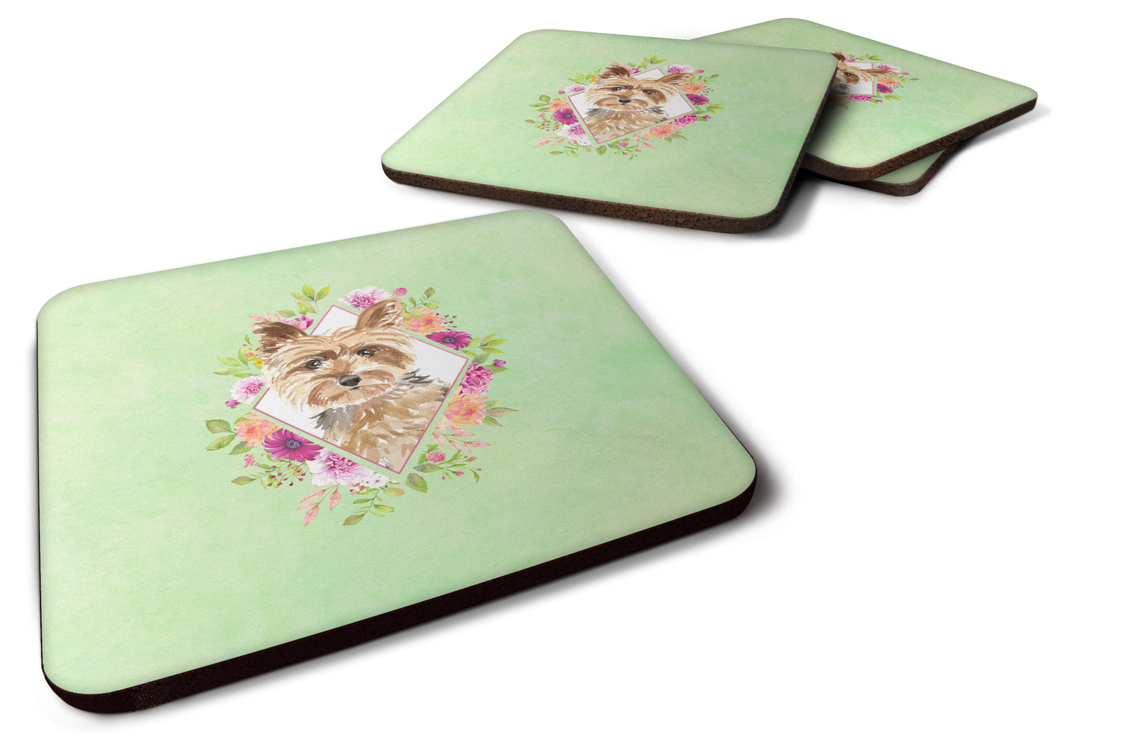 Set of 4 Yorkie Green Flowers Foam Coasters Set of 4 CK4357FC - the-store.com