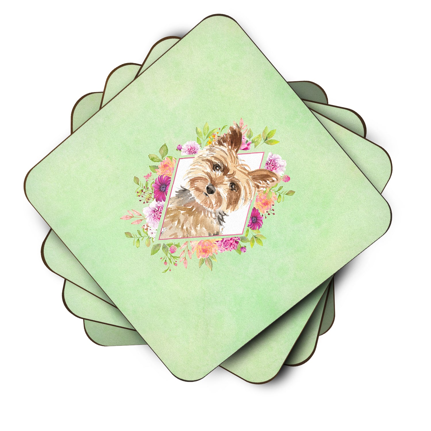 Set of 4 Yorkie Green Flowers Foam Coasters Set of 4 CK4357FC - the-store.com