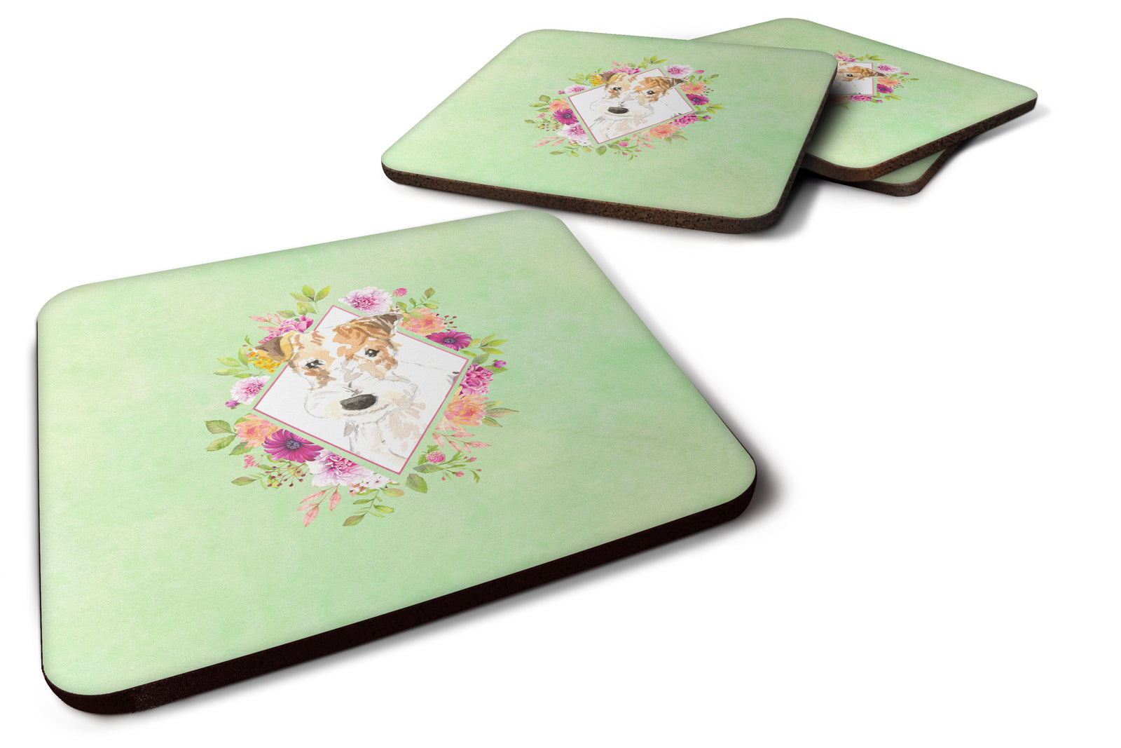 Set of 4 Fox Terrier Green Flowers Foam Coasters Set of 4 CK4359FC - the-store.com