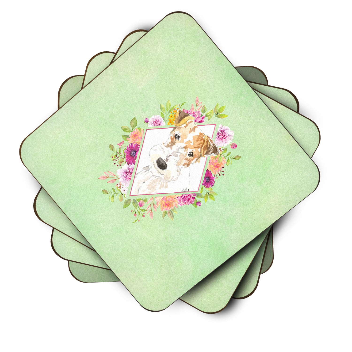 Set of 4 Fox Terrier Green Flowers Foam Coasters Set of 4 CK4359FC - the-store.com