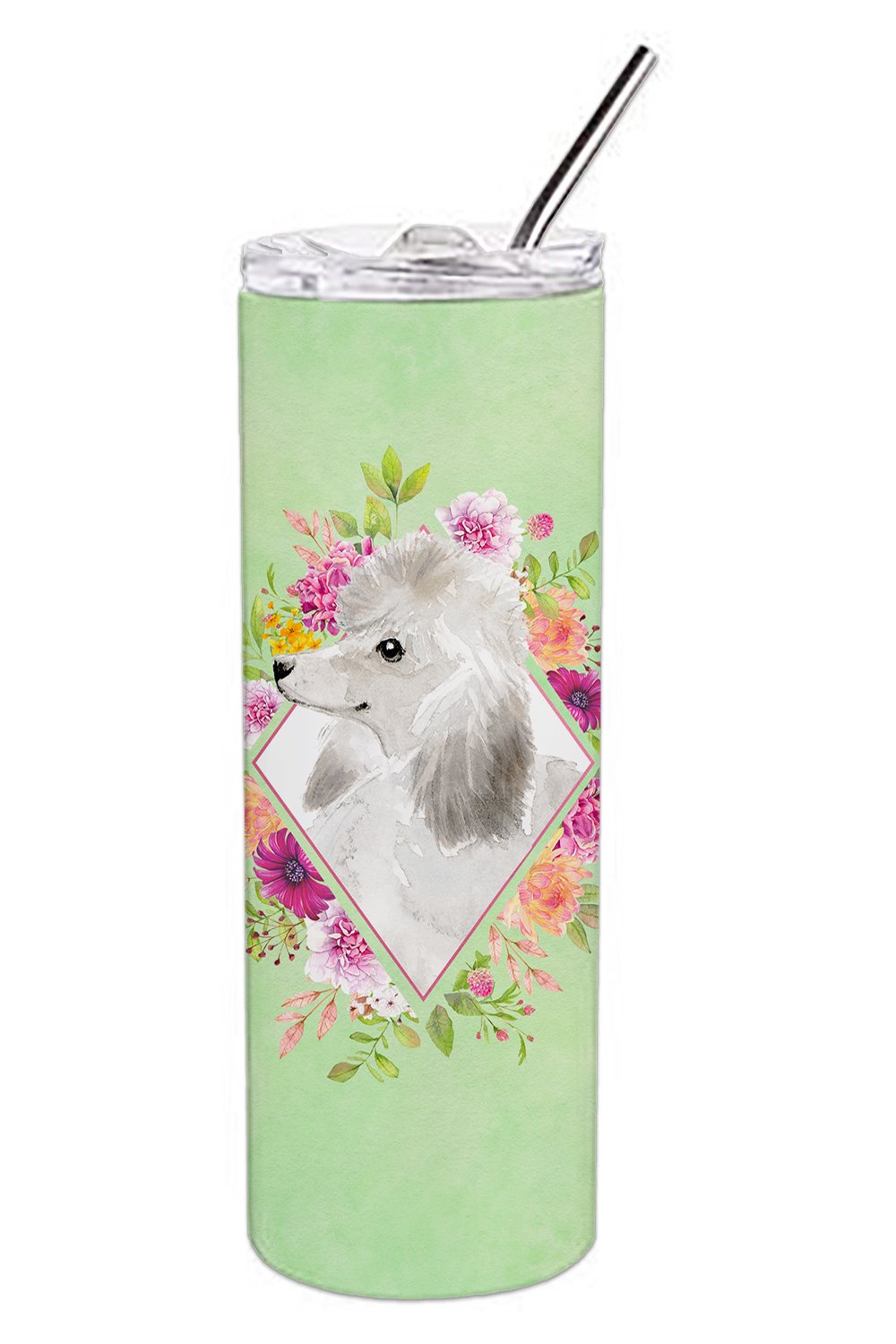 White Standard Poodle Green Flowers Double Walled Stainless Steel 20 oz Skinny Tumbler CK4360TBL20 by Caroline's Treasures